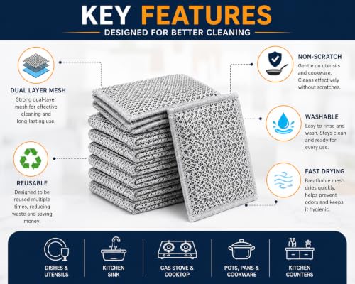 Image of SwiftWell Multipurpose Dish Wire Cleaning Cloths - Pack of 10, Dual-Layer Non-Scratch Mesh Scrubber for Kitchen Utensils, Cookware, and Heavy-Duty Cleaning
