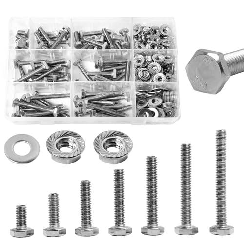 Image of 1 /4-20 Hex Bolts Screws Flange Hex Nuts Flat Washers Kit, Stainless Steel 304, Fully Threaded Hex Bolt 1 /4-20 x 1 /2 inch 3 /4 inch 1 inch 1-1 /4 inch 1-1 /2 inch 1-3 /4 inch 2 inch Length