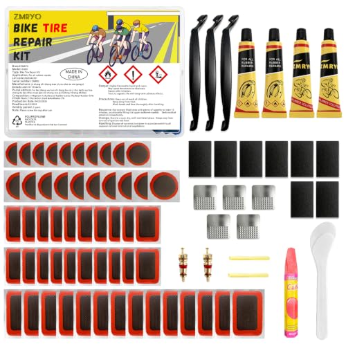 ZMRYO Bike Tire Repair Kit 80 PCS Flat Tire Repair Kit with 54 Patches 4 Vulcanizing Glue Tubes Tire Levers & Valve Core Tools for Bikes E-Bikes Scooters & Inner Tube Repairs