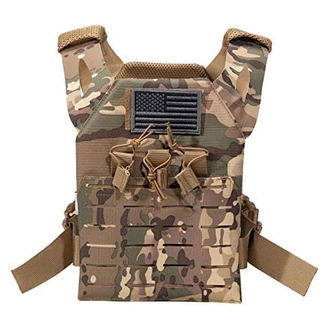 Childrens Tactical Airsoft Paintball Kids Vest, Free US Flag Patch, Mil Spec PALS Laser cut Molle Modular w/Mag Pouches (Multi-cam) Cover