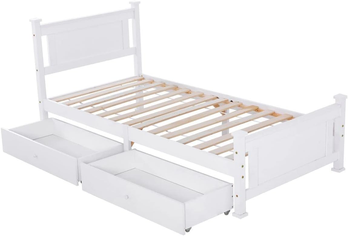 Buy Single Bed Storage Wooden Bed Frame with Two Drawers, Headboard and