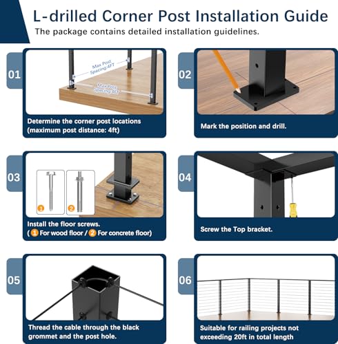 Image of 36 inch Cable Railing Corner Post, Fixed Top Mount 90 L-Drilled One Post Corner Solution, Stainless Steel T304 Heavy-Duty Handrail Corner Post, Matte Black Flat Top Deck Angle Post