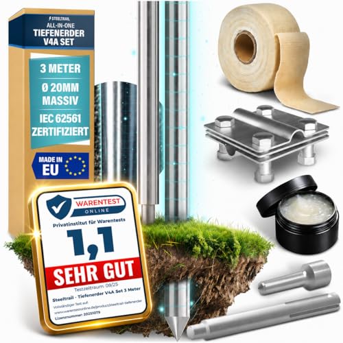 Tiefenerder V4A Set 3m-1 5m-4 5m-6m Erdungsspieß Staberder für PV Anlage Edelstahl 20mm inkl SDS-Max Einschlaghilfe Erdungsklemme Erdungsstab für Erdungskabel Blitzableiter Erdung Premium Steeltrail