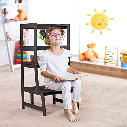 Maxmass Toddler Kitchen Helper, Kids Standing Stool with Safety Rail, Children Learning Tower for Kitchen Counter (Brown)