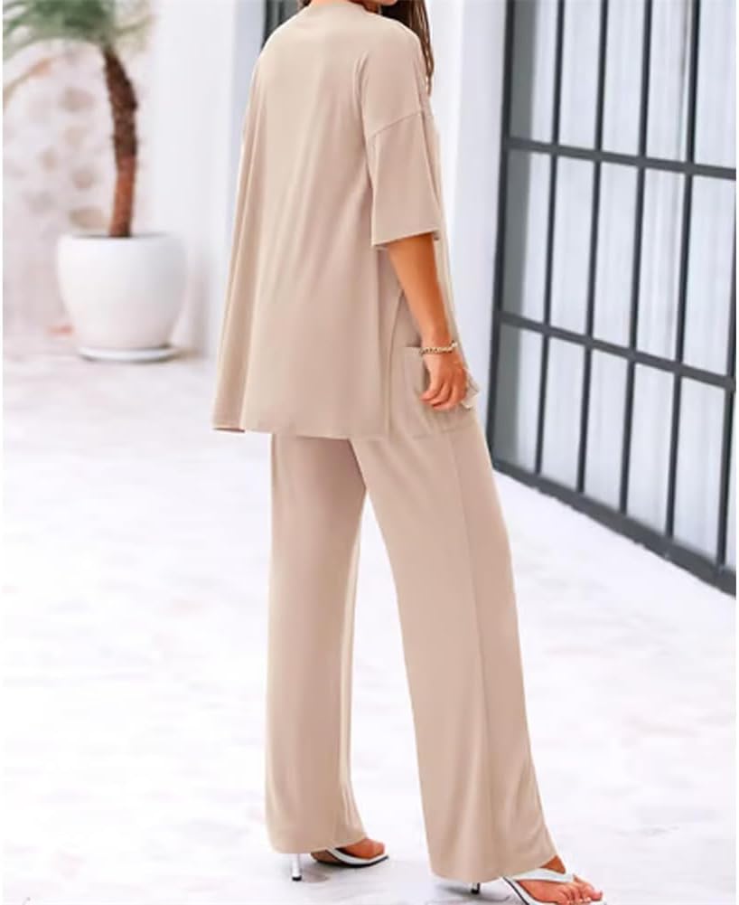 Casual 2-Piece Loose-Fit Short Sleeve Top & Wide-Leg Pants, Womens Summer 2 Piece Outfits Womens Lounge Set, with Pockets