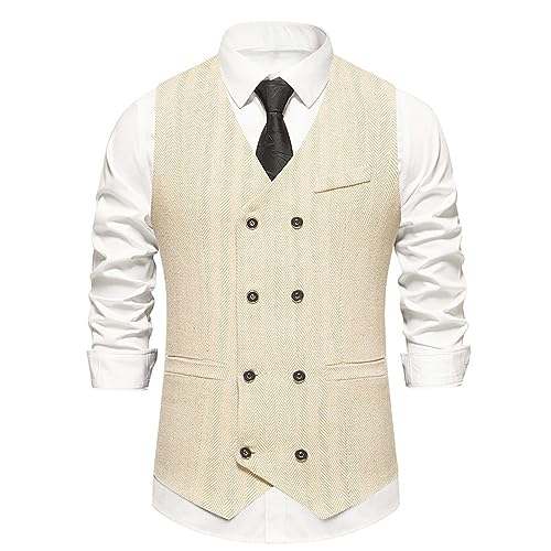 Zeiyignr Mens Business Casual Suit Vest V Neck Double Breasted Dress Vests Tweed Slim Fit Waistcoat for Wedding Formal Party2