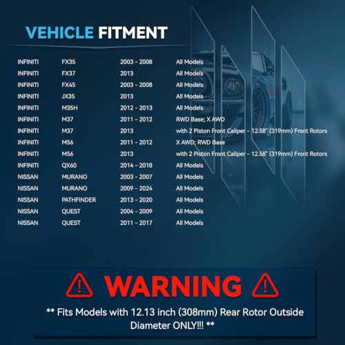 Image of Detroit Axle - REAR Brake Kit for INFINITI FX35 FX45 QX60 M37 M56 M35h | Nissan Murano Quest Pathfinder Drilled Slotted Disc Brake Rotors Replacement Ceramic Brake Pads: 12.13 inch inch Rotor