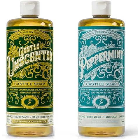 Carolina Castile Soap Unscented and Peppermint Castile Soap Liquid Bundle - 32 oz Vegan & Pure Organic Concentrated Non Drying All Natural Formula Body Wash & Shampoo Cover