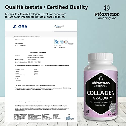Capsule collagene ad alto dosaggio + acido ialuronico + condroitina + lisina, 600 mg di collagene puro idrolizzato al giorno, 60 capsule per 1 mese, bioattivo e senza additivi, Made in Germany - 6