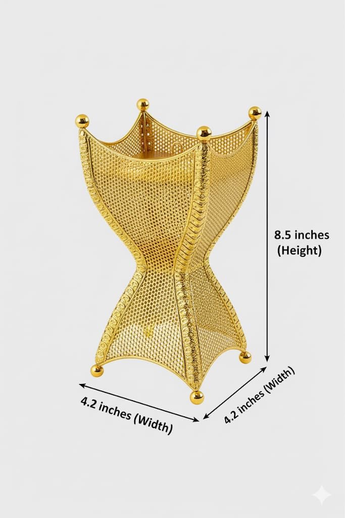 Decorative Gold Metal Incense Burner – Tall Mesh Design Mabkhara Bakhoor Holder for Home, Ramadan & Eid Décor, Islamic Gift, Ornamental Incense Stand, 4.2 x 4.2 x 8.5 in