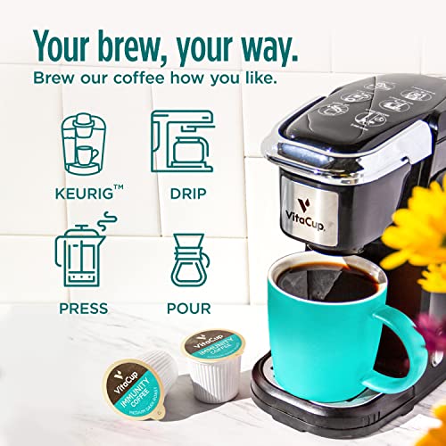 Vitacup Immunity Coffee Pods, Wellness Boost With Antioxidants, Echinacea, Probiotics, Vitamin C & D3, Medium Dark Roast, Recyclable Single Serve Pod Compatible With Keurig K-Cup Brewers,16 Ct #TOP5