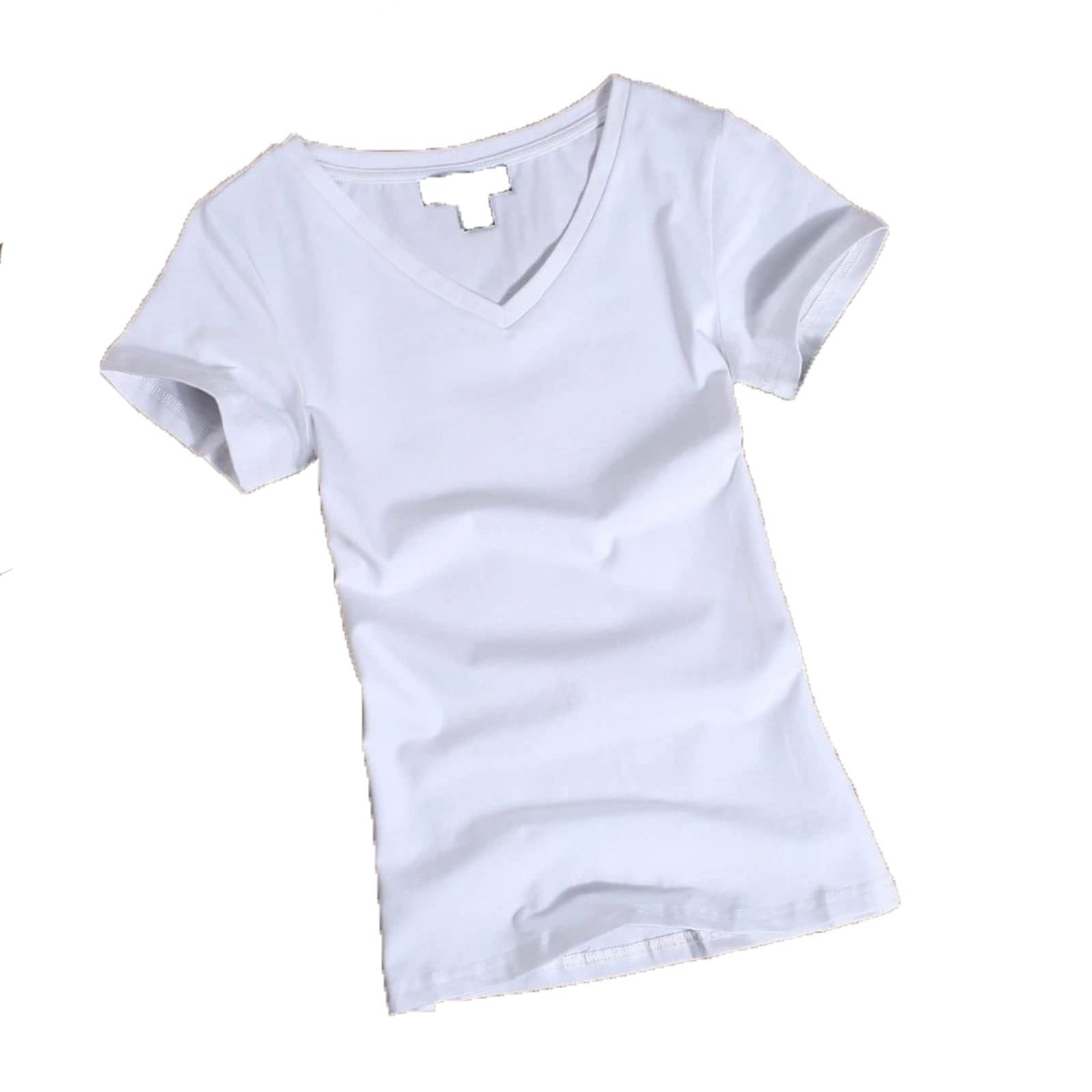 ZHANGNAZHANGNA Women's T-Shirts， Women T Shirt Women Short Sleeved Slim Solid Color Womens Simple Tee T-Shirt For Female Tshirt (Color : White V, Size : S)