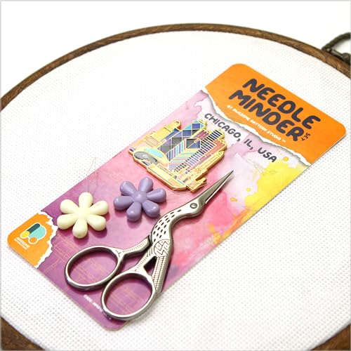 Image of Awesome Pattern Studio Chicago Magnetic Needle Minder Set Includes Needle Minder, 2 Threaders, Crane Scissors. Enamel Pin for Cross Stitch, Embroidery and Craft