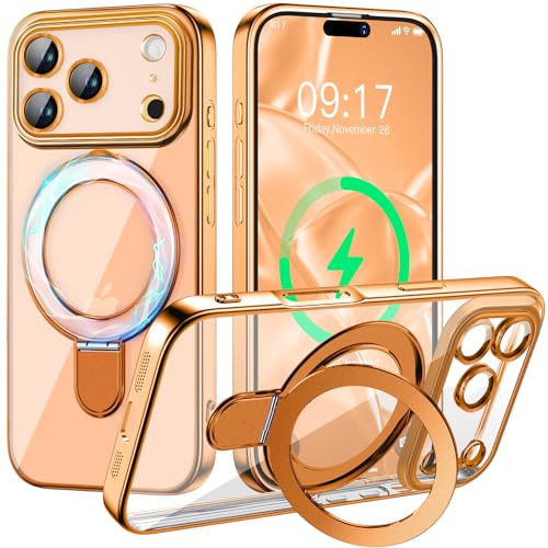 Image of Magnetic for iPhone 17 Pro Case with Invisible Stand[Compatible with MagSafe][Full Camera Lens Protector][Military Drop Protection] Shockproof Not Yellowing Clear Slim Soft for Women Men