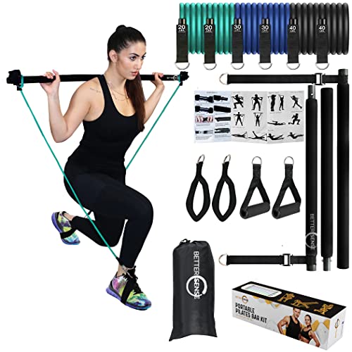 Upgraded Portable Pilates Bar Kit - Adjustable 46.5 Inches 3 Section Pilates Bar With Resistance Bands 20, 30, 40 Lbs. Home Workout Equipment For Women With 2 Foot & Hand Loops For Legs And Full Body #TOP14
