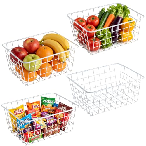 4 Pack Wire Baskets, Sturdy White Wire Basket, Metal Basket for Organizing Kitchen, for Food Pantry Home Office Desk Shelf Bathroom Bedroom (11.1 x 8.7 x 4.7 inch)