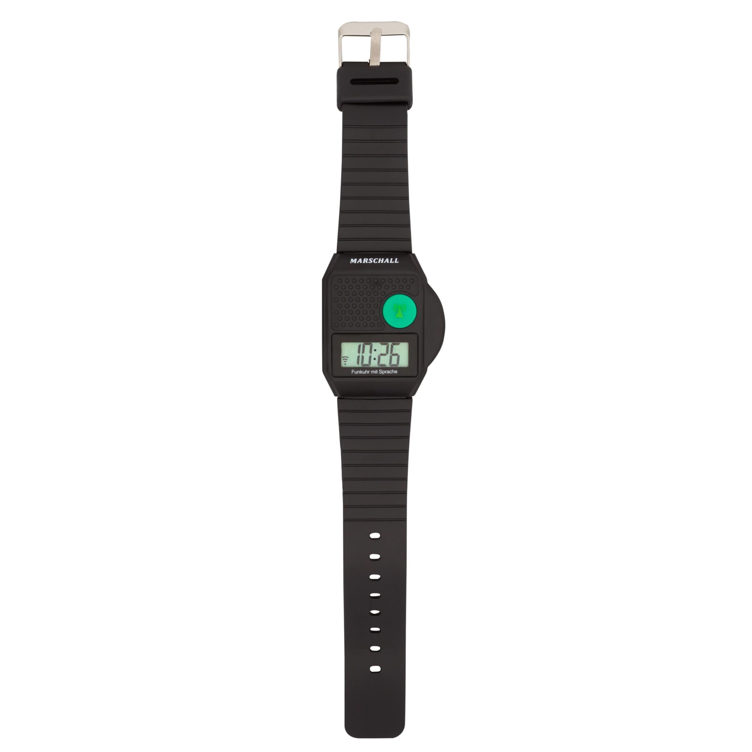 Marschall Deutsch sprechende Digitale Funkarmbanduhr I 1110 I Schwarz I Ansage von Zeit und Datum I Weckfunktion I Großes LCD Display I Perfekt für Senioren, Blinde und Demenzkranke