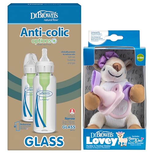 Image of Dr. Brown's Natural Flow Options+ Narrow Glass Anti-Colic Baby Bottles, 8oz 2-Pack and Lovey Pink Pacifier with Teether Holder, Soft Stuffed Animal Deer, 100% Silicone HappiPaci, 0+ Months