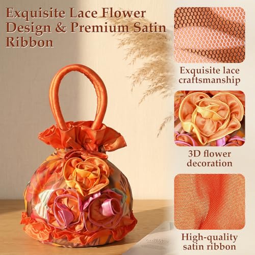 Image of TENDYCOCO Orange Women Clutches Purse, Satin Ribbon Material Lace Floral Bucket Evening Handbag, Flower Shaped Clutch, Phone Purse Mini Bag for Wedding, Prom, Party