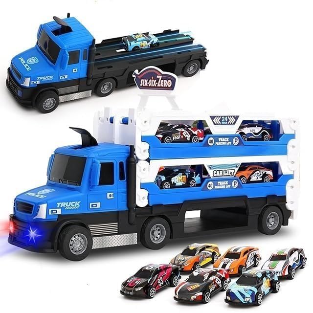 Image of Big Hauler Storage & Deform Truck Toy with 55 inch 2 Ejection Race Track & 6 Cars- Catapult Truck with LED Light & Music for Kids (Blue & Grey)