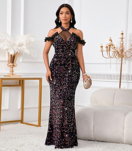 Image of Cololura Women Sexy Sequin Halter Neck Short Sleeve Mesh Perspective Party Bodycon Evening Cocktail Maxi Dress