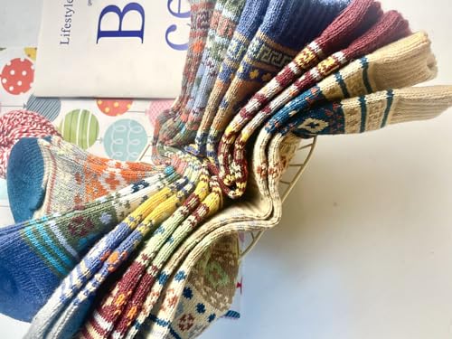 Kelabia 5 Pair Vintage Thick Cotton Socks for Women Winter Nordic Knit Socks Cozy Fall Cottagecore Thermal Socks 7