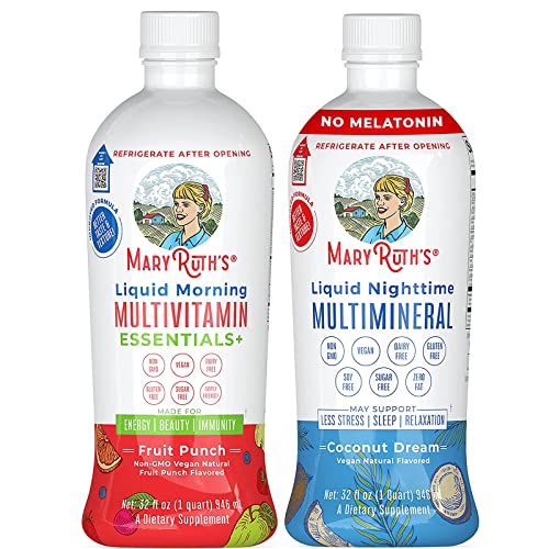 Morning Liquid Multivitamin & Liquid Sleep Multimineral Bundle by MaryRuth's | Morning Liquid Multivitamin (Fruit Punch), 32oz | Liquid Sleep Multimineral (Coconut), 32oz | Vegan, Non-GMO, Gluten Free