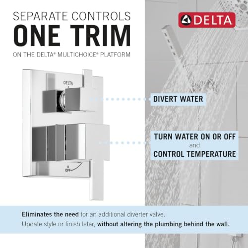 Image of Delta Modern Square Shower System Faucet Set, Chrome 6.5-inch Shower Head and Handle Set, Valve Trim Kit, Chrome T342703 (Valve Not Included)