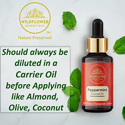 Image of Wildflower Essentials Peppermint Essential Oil 100% Pure & Natural for Face | Skin| Hair | Body Undiluted with Glass Dropper 15ml Bottle