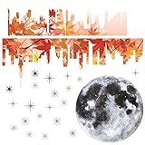 秋・お月見☆シール式ウォールステッカー autumn 中秋の名月 十五夜 紅葉 月 うさぎ 空 植物 季節 590×1327mm 剥がせる カッティングシート moon 町 紅葉 016946