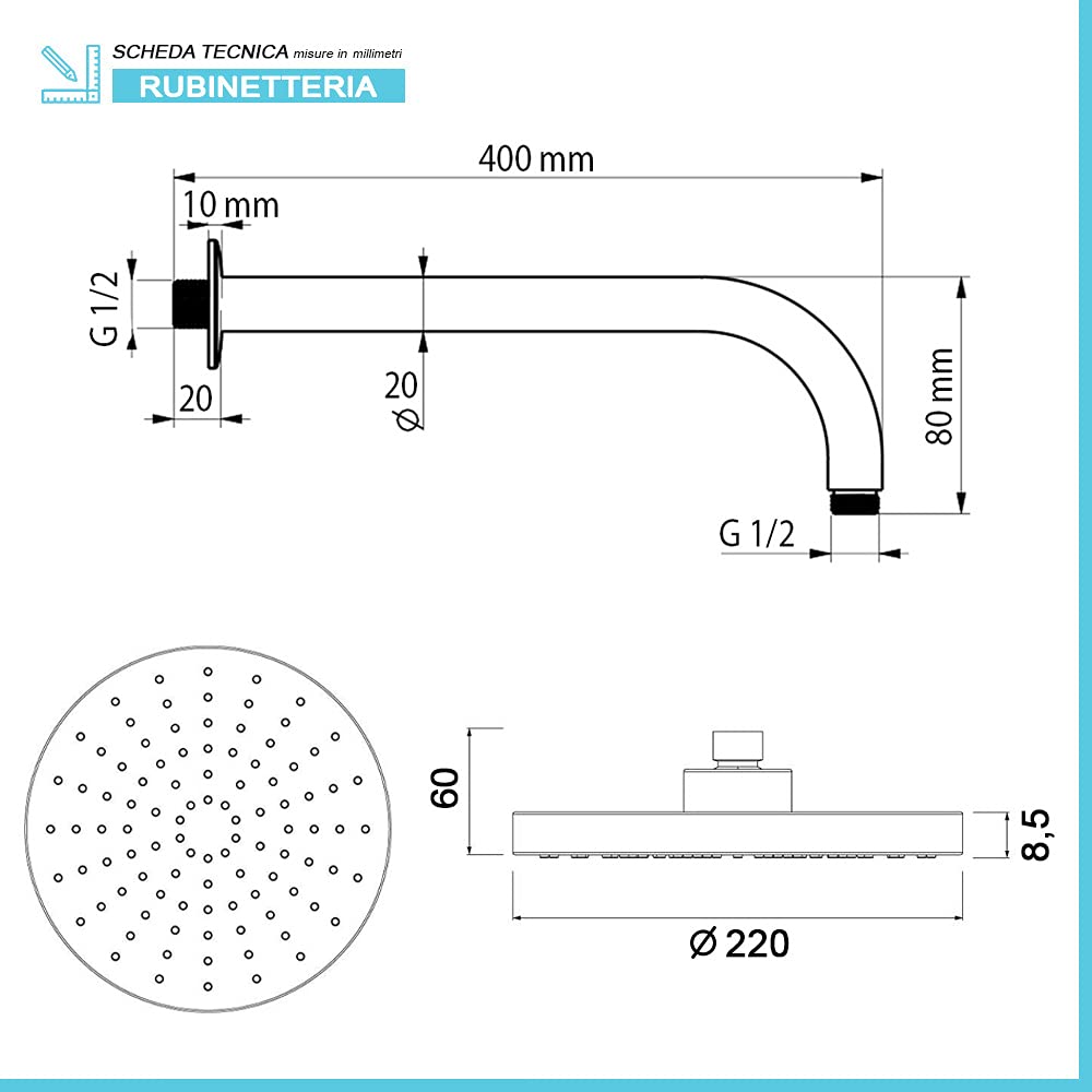 Set Doccia Incasso Completo con Braccio e soffione Tondo 22 cm in Acciaio, Kit Doccia con Presa Acqua, Supporto e Flessibile da 150 cm