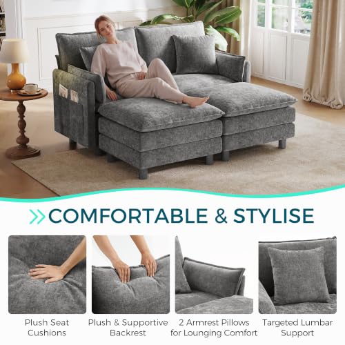 Image of LINSY HOME 65'' Modular Sectional Sofa Love Seat Couch Chenille Cloud Couch with Deep Seat, Modern Comfy Love Seat with 2 Movable Ottoman for Living Room, Office, Bedroom, Grey(Pillows Included)