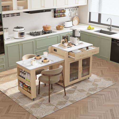 Image of HLR 72 inch Extendable Rolling Kitchen Island with Storage, Island Table on Wheels with Marble Grain Countertop & Power Outlet, Portable Island Cart with Cabinets, Drawers and Shelves, Wood