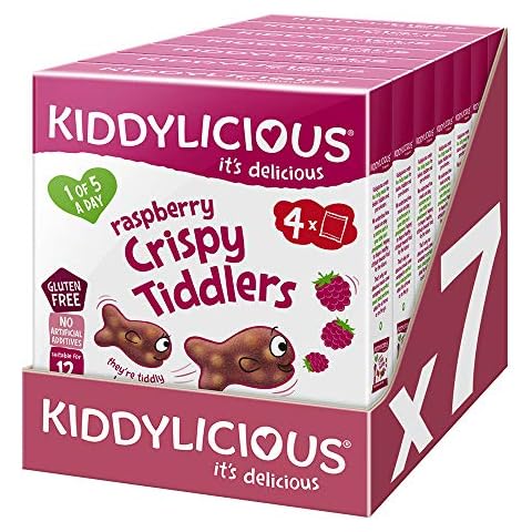 Kiddylicious Raspberry Crispy Tiddlers - Delicious Real Fruit Treat for Kids - Suitable for 12+ Months - 7 Packs of 4 (28 Total) Cover