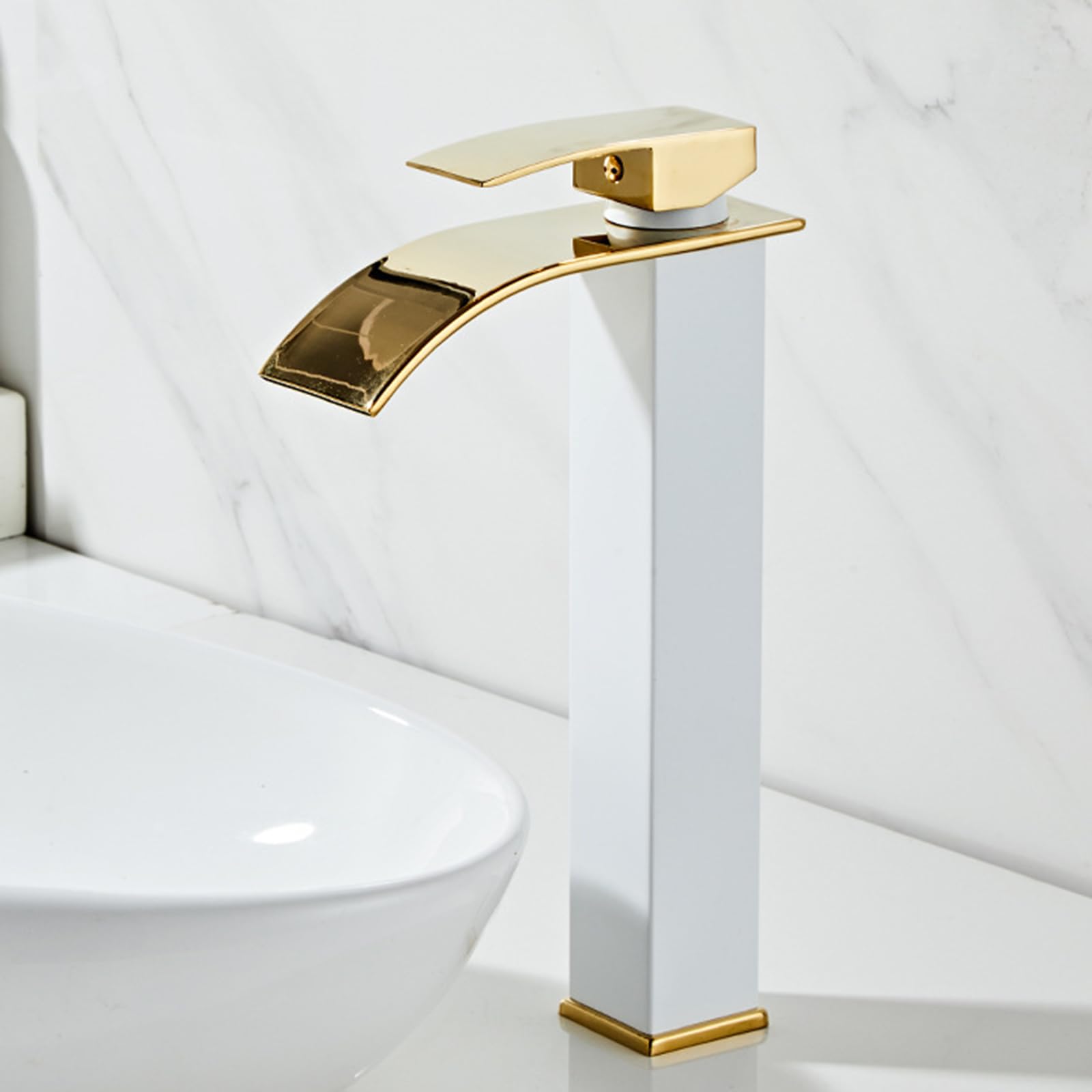 XJTNLB Robinet Lavabo Cascade Haut Blanc + Or Mitigeur Monocommande Bain Robinet Mitigeur Lavabo Cascade Vasque Salle de Bain en Acier Inoxydable
