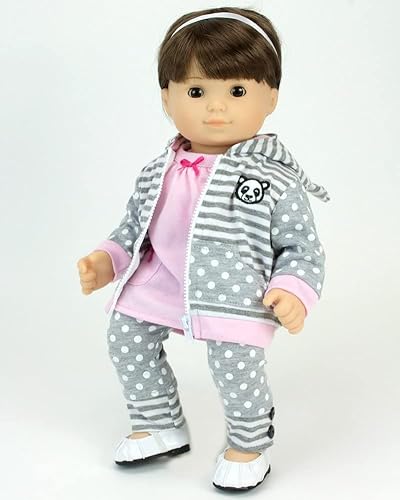 Miniatura 4 de Sophia's El traje de muñeca de bebé incluye sudadera con capucha de oso panda, túnica rosa y leggings de lunares grises, juego de 3 piezas para