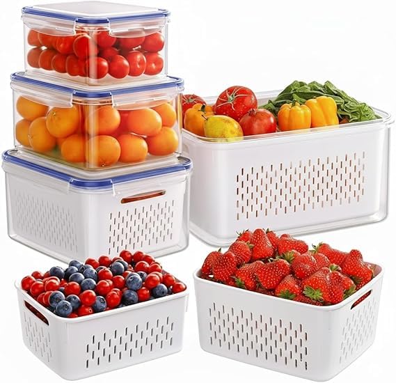Fresh Food Storage Containers for Fridge - 3 Pack Fridge Storage Container with Drain Baskets - 4 In 1 Airtight Vegetable Storage Container for Salad Fruit Vegetables Meat Keeper Fresh (Blue)