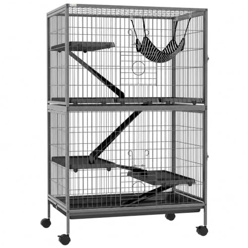 PawHut Kleintierkäfig Kleintiergehege mit ausziehbarem Tablett Grau | Hängematte, Rampen, Rollen Freigehege Kleintierkäfig Gehege für Kleintiere, Eichhörnchen Chinchilla 80 x 52 x 128 cm