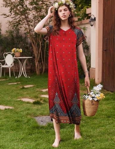 Image of Ekouaer Long Nightgown Women's Loungewear Short Sleeve Sleepwear Full Length Sleep Shirt with Pockets