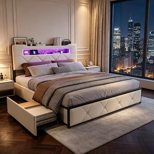 LIVLUX Lit 160x200 avec Sommier LED et USB,lit Double rembourré avec sommier à Lattes et 4 Tiroirs,Tete de Lit avec Rangement,2 Personnes pour Adultes et...