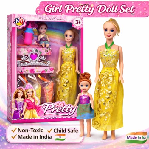 Image of Dolls for Girls with Cute Dress Play Set| Kids Dress up Makeup Role Play kit| Birthday Gift Fashion Doll for Girls| Toys for Children with Doll and accesories | Movable Hand & Legs (C19)