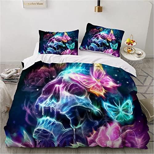 WSXCE Skull Duvet Cover, California King Butterfly 3D Print Bedding Sets, Comforter Cover, Abstract Art Bed Set Decor Quilt Cover for Kids Boys Room Decor with Zippers Closure and 2 Pillowshams