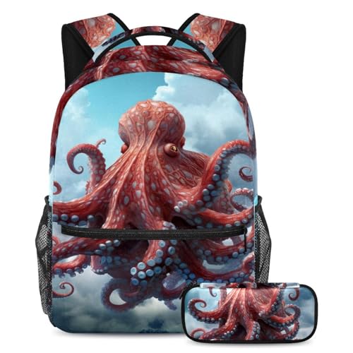 Ensemble de cartables 2 pièces avec trousse à motifs ocean octopus skyline bleu grand volume