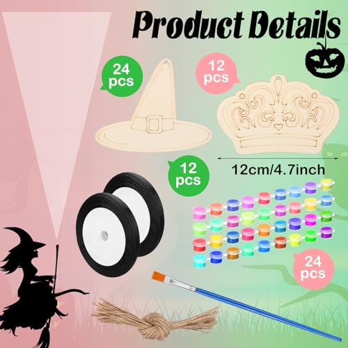 Image of VioraWhite 24 Set Paint Your Own Witch Princess Party Favors Pink and Green Party Supplies Witch Hats Princess Crowns DIY Wood Painting Craft Kit Color Your Own Arts Crafts Kit for Birthday Gift