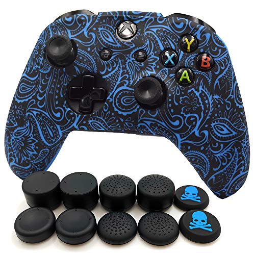 Image of Anti-Slip Soft Silicone Cover Skin Set for Microsoft Xbox One Controller which 1pcs Blue Clover Controller Skin + 8pcs Thumb Grip Caps