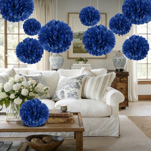 Image of 10 Pcs Paper Pom Poms Flowers for Wedding, Birthday Party, Baby Shower, Nursery Decor, Bachelorette Party Hanging Decor, Easy Joy (10 inch, Navy Blue)