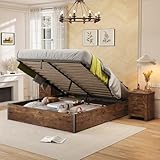 AMERLIFE Lift Up Storage Bed, Queen Bed Frame with Storage Underneath, Wooden Platform Bed Frame, Solid Wood Slats Support, No Fixed Headboard, No Box Spring Needed, Rustic Brown