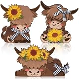GlikCeil 3 Pcs Sunflower Highland Cow Wooden Table Decorations Centerpiece Block Fall Highland Cow Tiered Tray Tabletop Sign for Office Dining Room Mantle Party Supplies Home