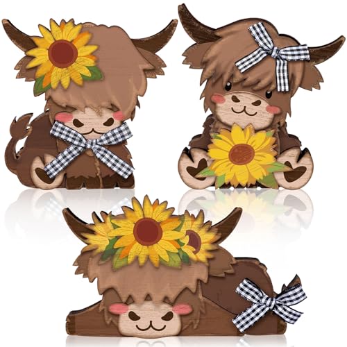 GlikCeil 3 Pcs Sunflower Highland Cow Wooden Table Decorations Centerpiece Block Fall Highland Cow Tiered Tray Tabletop Sign for Office Dining Room Mantle Party Supplies Home