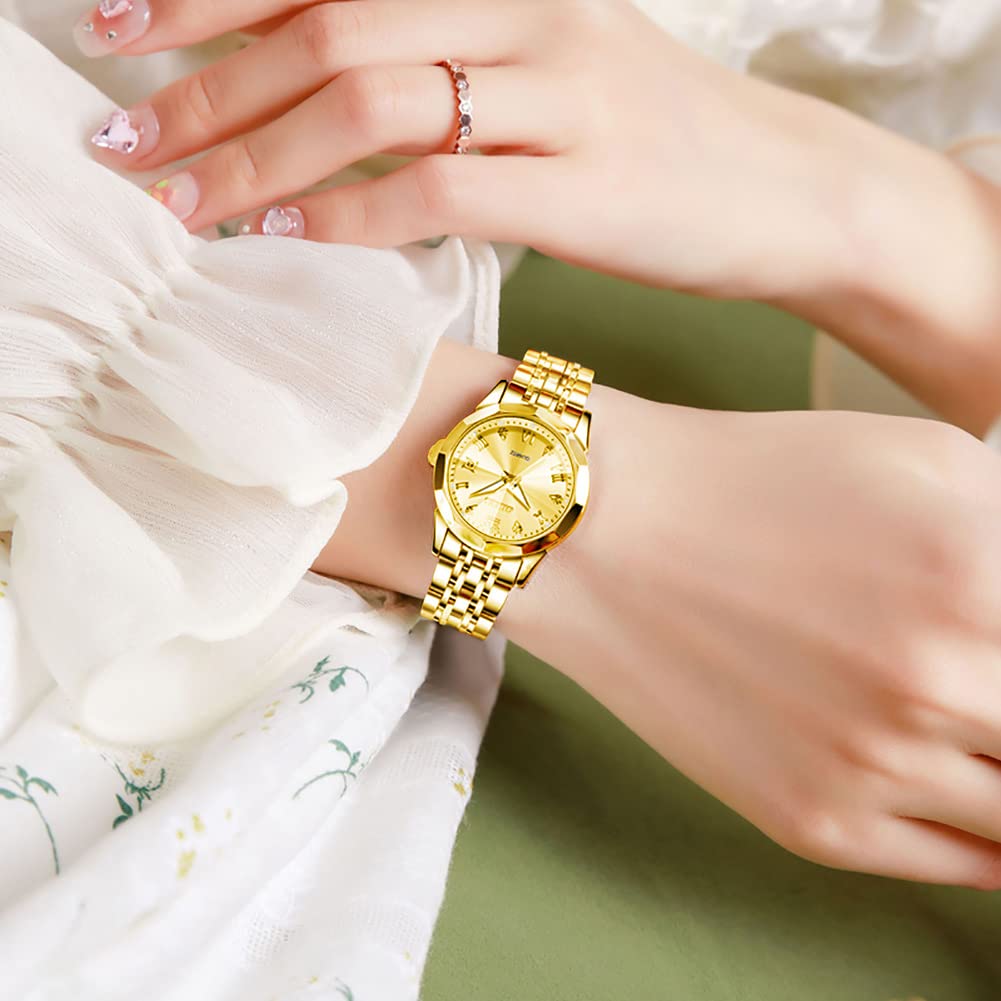 OLEVS Reloj de pulsera para mujer de plata elegante con diamantes pequeños de acero inoxidable de dos tonos con fecha y día de cuarzo analógico para mujer, Tono-dorado, Reloj de pulsera de joyería